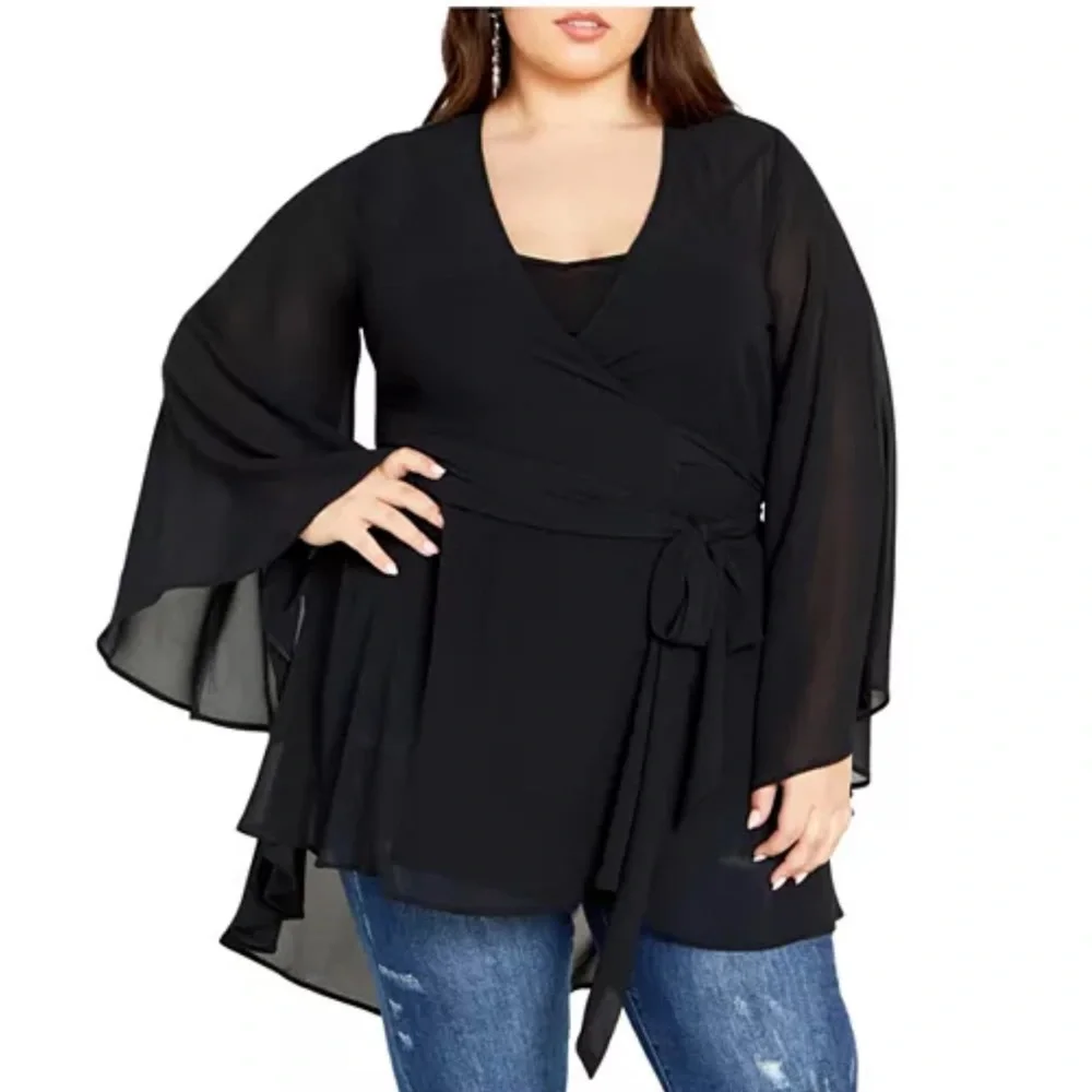 City Chic wrap tunic blue green bell sleeve XXL 24 - Picture 2 of 11